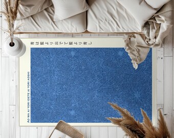 Tappeto blu Japandi ispirato al Wabi-Sabi: motivo artistico giapponese disegnato a mano con retro antiscivolo