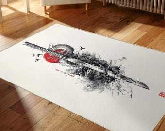 Tappeto Wabi-Sabi colorato ispirato alla katana giapponese: tappeto artistico per la casa con un vivace design dipinto