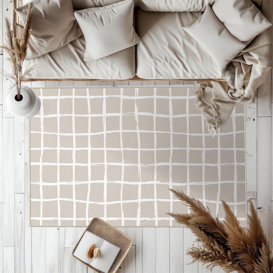 Neutral Grid Area Rug, Modern Minimalist Beige Carpet, Scandinavian ...