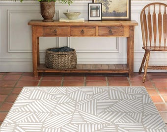Tappeto con linee geometriche neutre, tappeto beige in stile rustico scandinavo