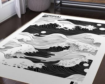 Tappeto lavabile Hokusai Ocean Wave in bianco e nero - Tappeto decorativo per soggiorno Wabi Sabi