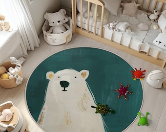Tappeto per cameretta con orso polare: tappeto rotondo per la stanza dei giochi dei bambini