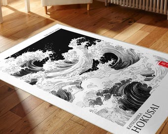 Tappeto lavabile Hokusai Ocean Wave in bianco e nero - Tappeto decorativo per soggiorno Wabi Sabi