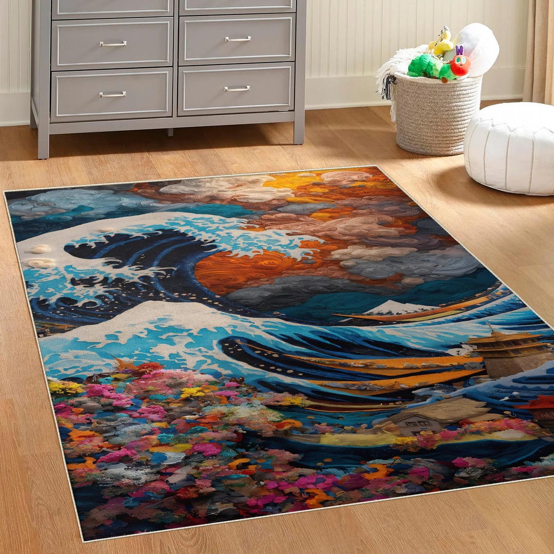 Digital Print Rug Designs The Great Wave Digital Print Rug, Washable Rug, Abstract Waves Art, Non ...