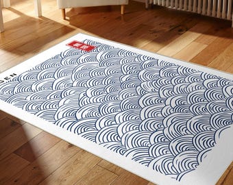 Tappetino con motivo blu di ispirazione giapponese: elegante tappeto per soggiorno, camera da letto o arredamento per la casa
