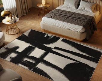 Moderner Schwarz-Weiß-Teppich aus der Mitte des Jahrhunderts, abstraktes geometrisches Design