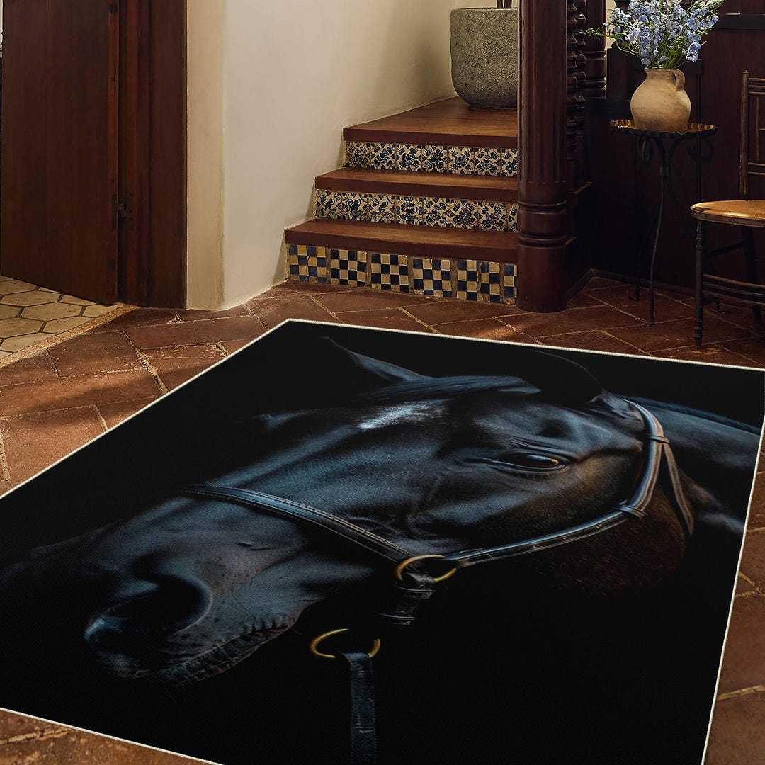 Digital Rug Black Horse Digital Print Rug, Non Slip Area Rug, Popular Rug, Machine ...