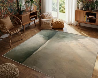 Alfombra abstracta verde salvia, estilo moderno para sala de estar.