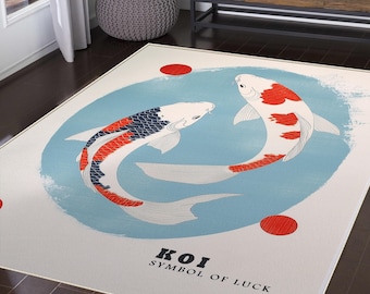 Tappeto giapponese Wabi-Sabi Koi Fish: elegante tappeto blu-bianco disegnato a mano per un arredamento moderno del soggiorno