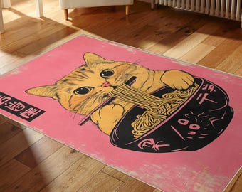 Tappeto morbido Noodle Cat: arredamento giapponese rosa e nero