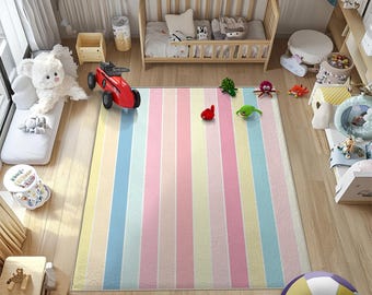 Tappeto per bambini a righe pastello, tappeto per cameretta arcobaleno con delicate linee colorate, moderno tappeto da gioco per bambini piccoli, decorazione per la cameretta della bambina.