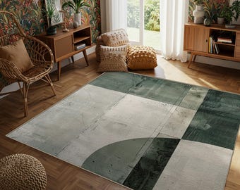 Alfombra abstracta verde salvia, decoración maximalista moderna