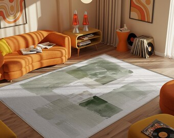 Sage Green Abstract Area Rug, Non-Slip Cotton Base