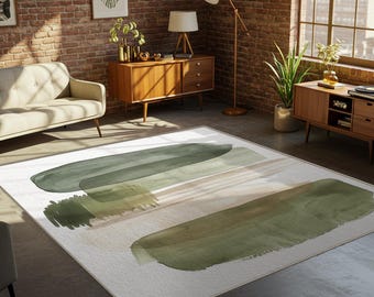 Sage Green Abstract Rug, Modern Olive Decor
