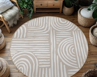 Tappeto rotondo astratto, tappeto scandinavo boho neutro, arredamento moderno e minimalista per il soggiorno.