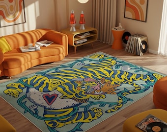 Alfombra ecléctica con diseño de tigre, alfombra maximalista para sala de estar