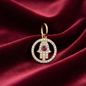 Handmade Ruby Diamond Hamsa Hand Pendant, Sterling Silver 925