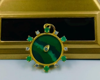 Malachite Disc Pendant / Emerald Diamond Round Pendant/ 925 Sterling Handmade Pendant / Fine Pendant Jewelry For Christmas Gift
