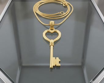 Heart Key lock Gold necklace, Key To Love Heart, Tiny Key Necklace, Dainty 925 Sterling skeleton key, Gold Key Charm, Valentine's Day Gift