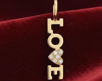 Gold Love Letter Diamond Charm Pendant, 925 Sterling Silver