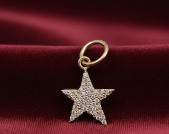 14k Solid Gold Mini Star Diamond Pendant, Handmade Charm