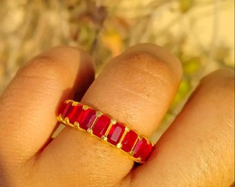 Art Deco Ruby Eternity Band, 925 Sterling Silver Stacking Ring, Baguette July Birthstone Ring