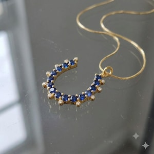 May include: A gold-tone necklace featuring a horseshoe-shaped pendant. The pendant is set with a series of round, deep blue stones alternating with smaller, clear white stones along the outer edge, suspended from a delicate gold-tone chain.