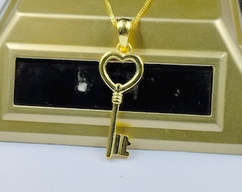 Gold Heart Key Necklace, 925 Sterling Silver, Love Charm