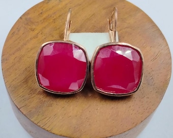 Ruby Pink Cushion Earrings, Sterling Silver Dangle july Birthstone Earrings