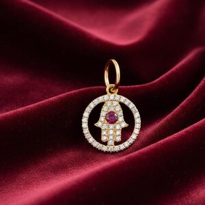14k Gold Hamsa Pendant, Ruby Diamond Charm, Handmade Jewelry