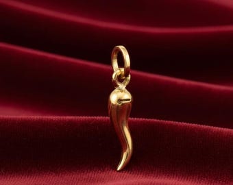 14k Solid Gold Italian Horn Charm Pendant, Handmade Jewelry