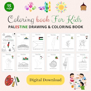 Puede incluir: Un libro para colorear digital para niños, con 15 páginas. La portada muestra el texto "Coloring book For Kids" y "PALESTINE DRAWING & COLORING BOOK". Incluye dibujos relacionados con Palestina.