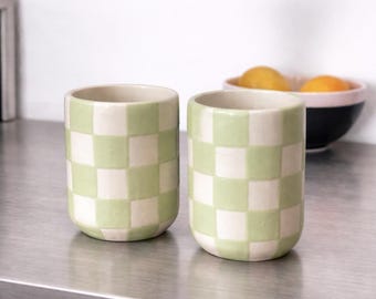 Handmade Checkered Ceramic Cup Lime Green White Hand Painted Vessel