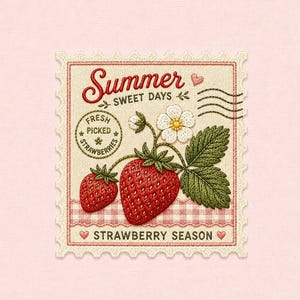 May include: A postage stamp design featuring two red strawberries, green leaves, and a white flower. The stamp reads "Summer Sweet Days" and "Strawberry Season". The stamp has a pink and white checkered border and a pink background.
