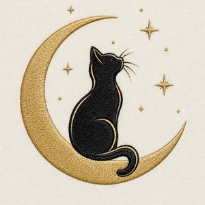 May include: An embroidery design featuring a black cat sitting on a gold crescent moon. The cat is shown in profile, facing upward toward several gold embroidered stars of varying sizes scattered across the off-white fabric background.
