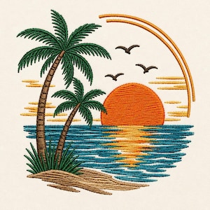 May include: An embroidery design featuring two palm trees on a sandy beach with a large orange sun setting over a blue ocean. Three black birds fly in the sky above the sun, which is framed by two curved orange lines on a light cream background.