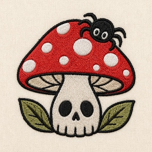 May include: An embroidered patch featuring a red mushroom cap with white spots and a black spider on top. The mushroom stem is shaped like a white skull with black eye sockets and a nose hole, flanked by two green leaves on a cream fabric background.