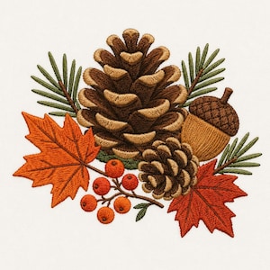 Autumn Pinecone Embroidery Design with Maple Leaves, Acorn (Digital Download)