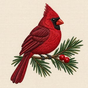 May include: An embroidered design of a bright red northern cardinal bird with a black face mask and orange beak, perched on a green pine branch featuring two small red berries, all rendered with detailed stitching on a light cream fabric.