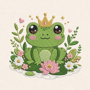 Puede incluir: Imagen bordada de una rana verde con una corona dorada, sentada en una hoja de nenúfar. La rana tiene ojos grandes y oscuros y mejillas rosadas. Flores rosas y blancas y hojas verdes rodean la rana, con pequeños corazones y estrellas en el fondo.