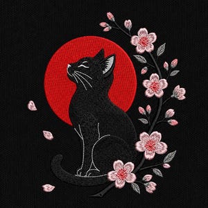 May include: An embroidered design on a black fabric background featuring a black cat sitting in profile against a large, solid red circular sun. A curved branch with light pink cherry blossoms and small buds extends along the right side.