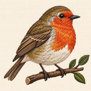 Puede incluir: Una ilustración bordada de un petirrojo posado sobre una rama marrón con dos hojas verdes. El ave presenta un pecho de color naranja brillante, espalda y alas marrones, vientre blanco y un pico oscuro, realizado con puntadas detalladas.