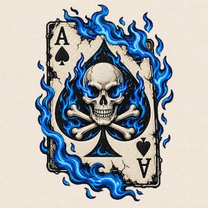 May include: An ace of spades playing card graphic featuring a central human skull with crossed bones behind it. The skull and the spade symbol are engulfed in vibrant blue flames, with the card edges appearing cracked and weathered.
