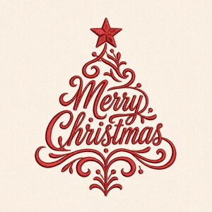 May include: A red embroidered design on a light fabric background featuring the text Merry Christmas arranged in the shape of a stylised Christmas tree, topped with a five-pointed star and accented with decorative swirling flourishes.