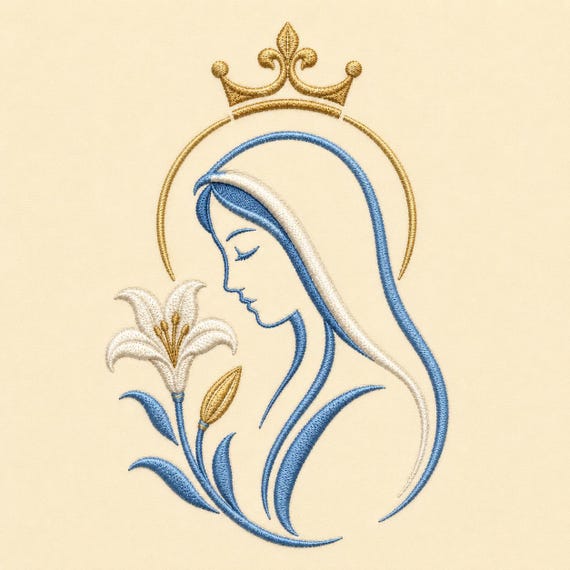 Virgin Mary Lily Embroidery Design Catholic Faith Decor (Digital Download)