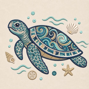 May include: An embroidery design featuring a sea turtle with a shell decorated in blue, teal, and tan swirl patterns. The turtle is surrounded by embroidered elements including a seashell, a starfish, a sand dollar, and small wavy water lines.