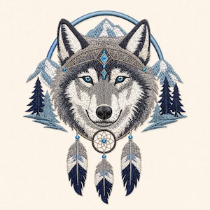 Wolf Dreamcatcher Embroidery File, Boho Tribal Mountain Design (Digital Download)