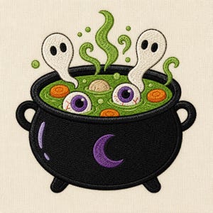 May include: An embroidered patch featuring a black cauldron with a purple crescent moon. The cauldron is filled with green bubbling liquid, two white ghosts, two purple-irised eyeballs, and orange circular slices, with green steam rising.