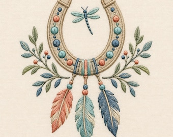 Horseshoe Embroidery Design, Dragonfly Floral Boho Art, Rustic Machine File (Digital Download)