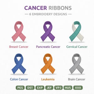 May include: An image displaying six embroidered cancer ribbons in different colours: pink, purple, teal, blue, orange, and grey. Each ribbon represents a type of cancer, with the cancer names below each ribbon.